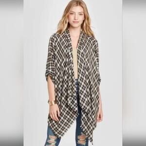 Knox Rose Dark Brown White Plaid Open Waterfall Shawl Cardigan Size Large